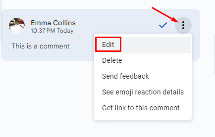 Where to find the edit option for G Docs comments