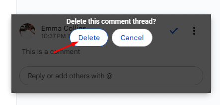 Confirming to delete a comment in Google Docs