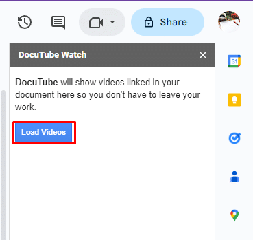 Load videos under DocuTube watch add-on in Google Docs