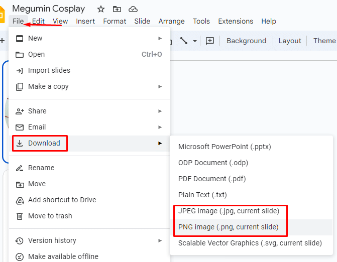 Downloading a Google Slide into JPEG or PNG image