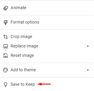 Where to find the save to keep option in Google Slides