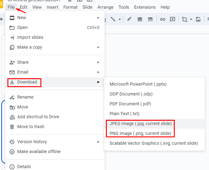 How to download a slide as JPEG or PNG in Google Slides