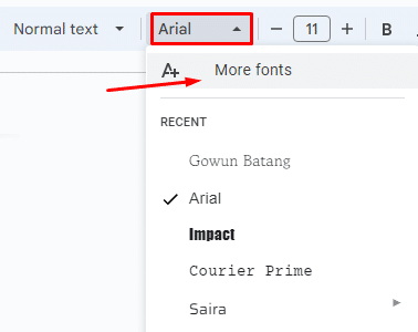 Where to find the more fonts option in Google Docs