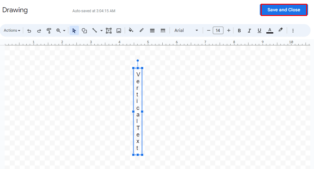 Where to find the save and close button under the drawing tool in Google Docs