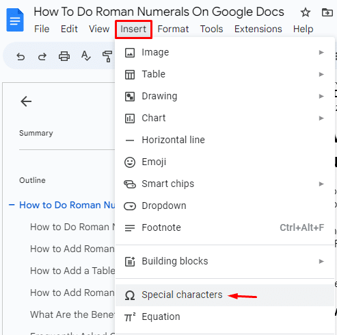 How to do Roman numerals on Google Docs—special characters option in Google Docs