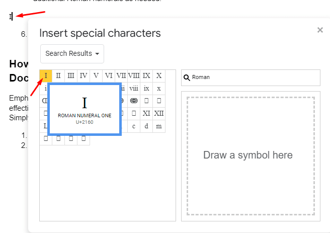 Inserting Roman numerals in Google Docs 