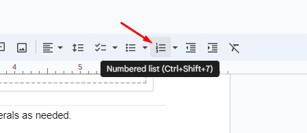 Where to find the numbered list tool in Google Docs