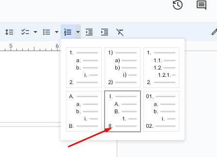 Where to select Roman numerals for bullet points.