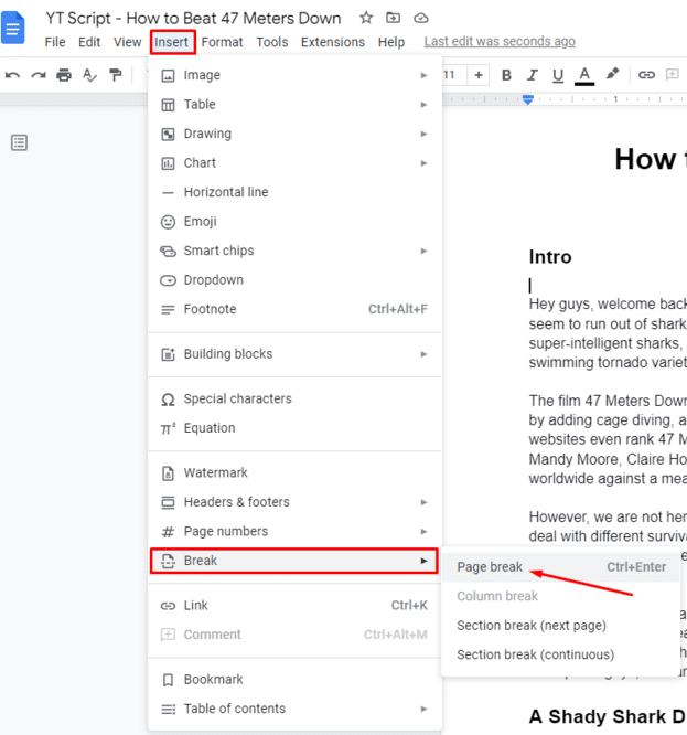 Insert page break in Google Docs