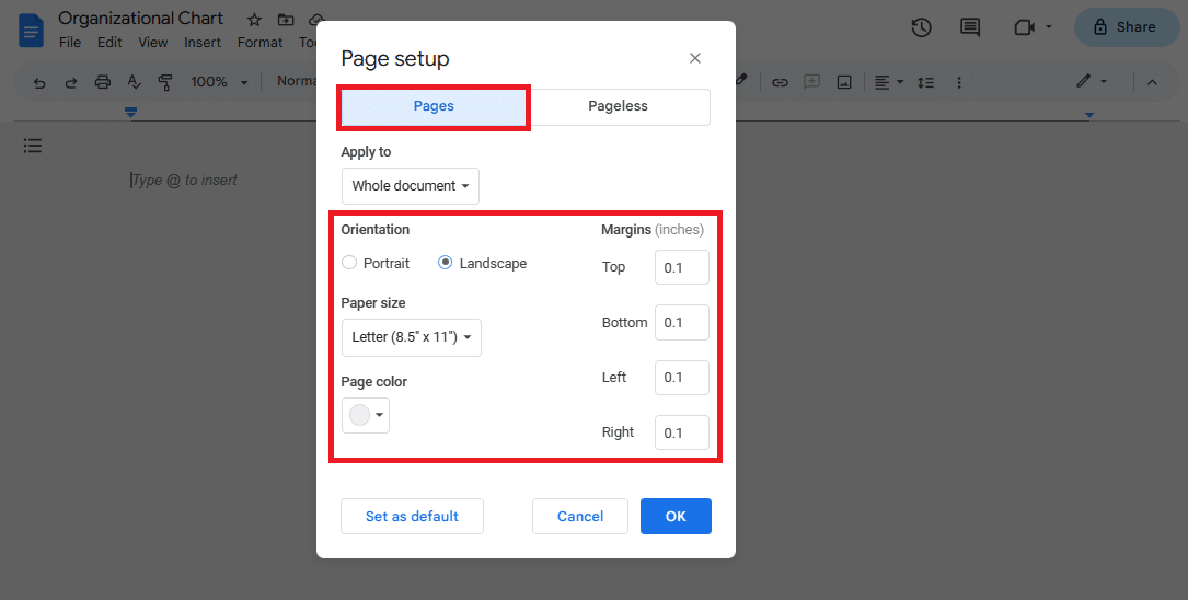 Pick the paper size and orientation