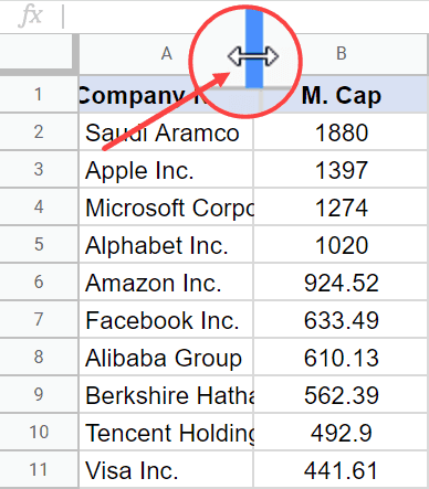 Place cursor at column border edge