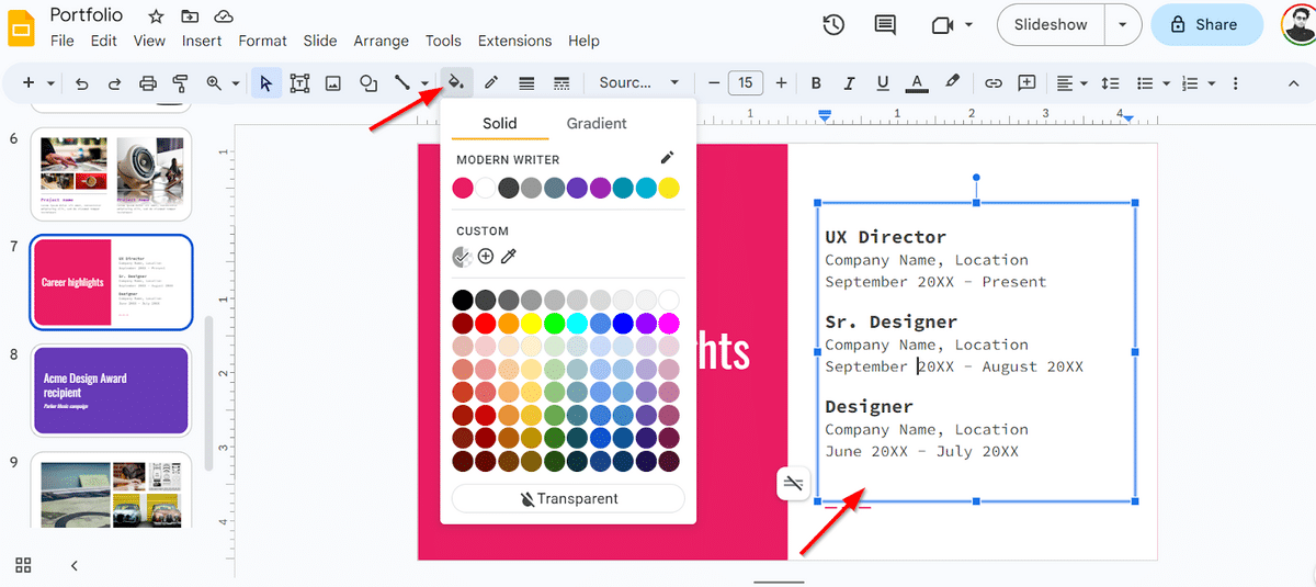 How to make a shape transparent in Google Slides—color fill options