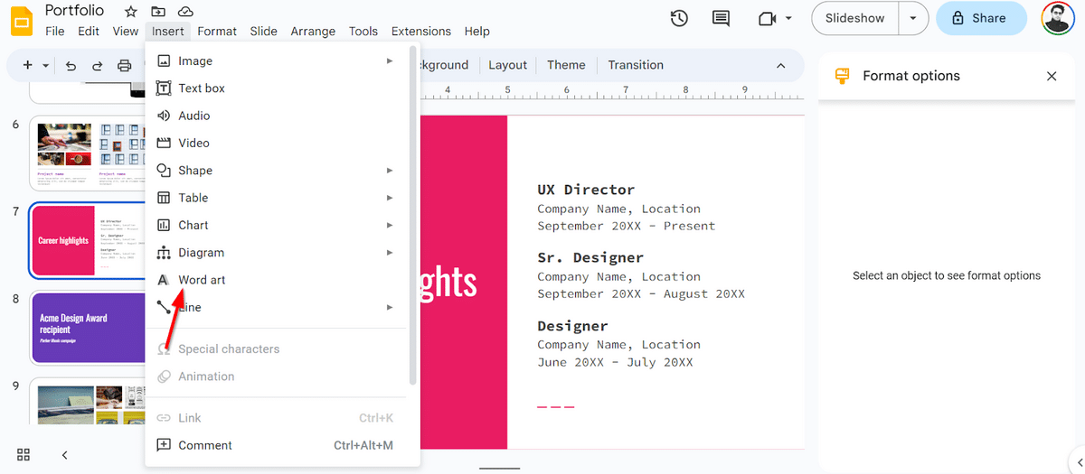 Google Slides—WordArt option