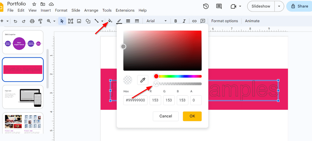 Google Slides—Paint bucket slider to change transparency