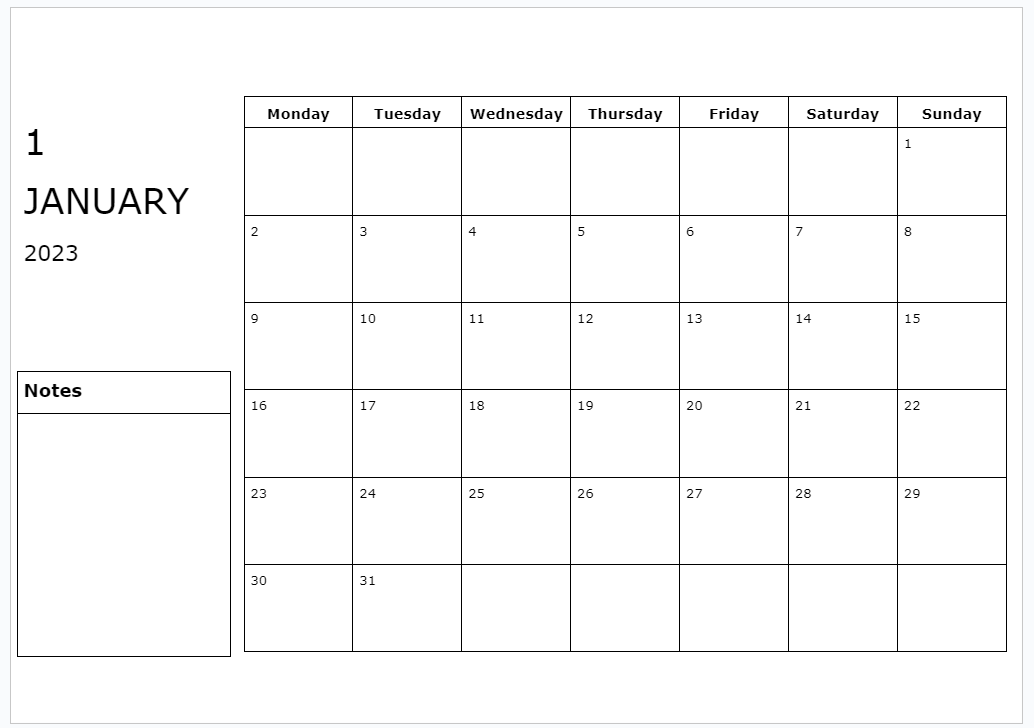 Printable calendar template for Google Docs