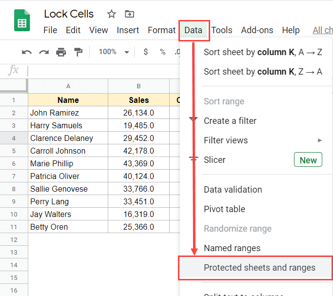 Protected sheets from the data menu