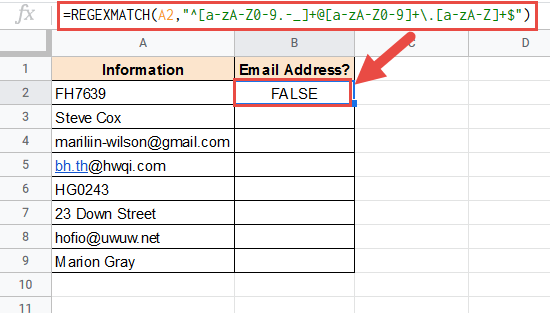 REGEXMATCH formula to find email address