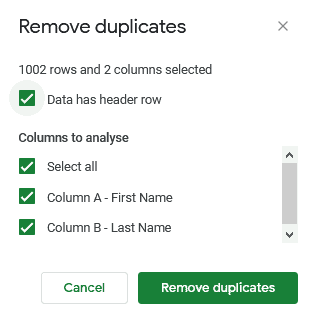 Remove duplicates dialog box