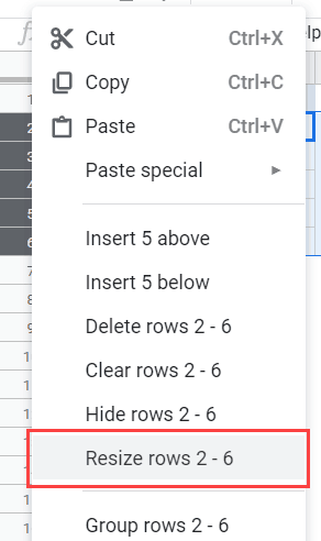 Resize Rows Option in Google Sheets