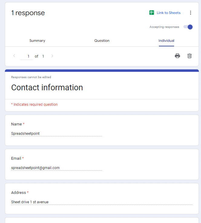 Response overview page individual tab