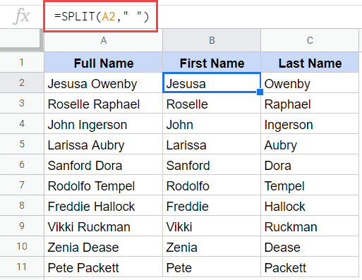 Resulting First and Last Name Data in Separate Columns