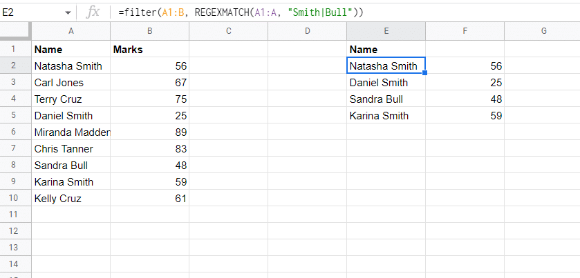 Results for Using the REGEXMATCH Function to Filter Criteria in Google Sheets