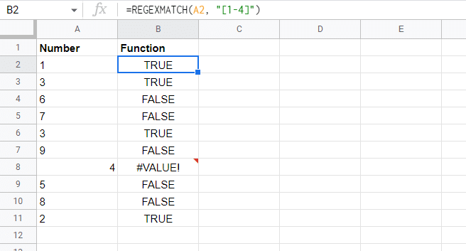 Results for Using the REGEXMATCH Function to Find Cells with Numbers