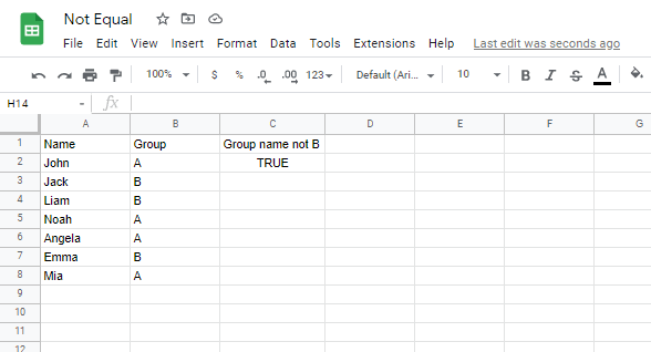 Results of using the not equal to operator