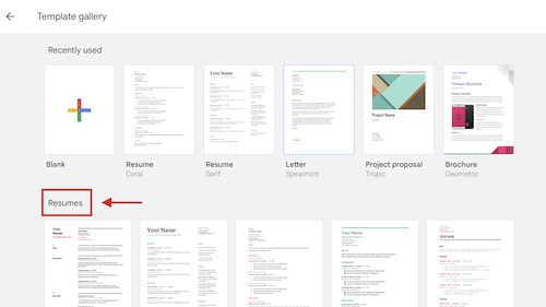 resume template selection in google docs