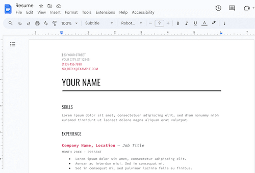 coral resume template in google docs