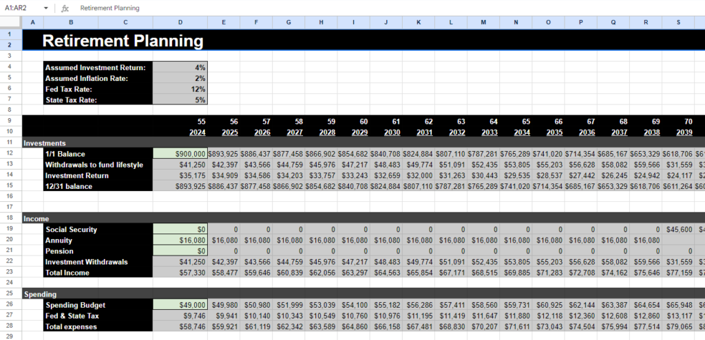 Here's a horizontal retirement planner spreadsheet.