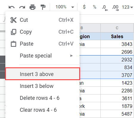 Right click to Insert three rows in google sheets