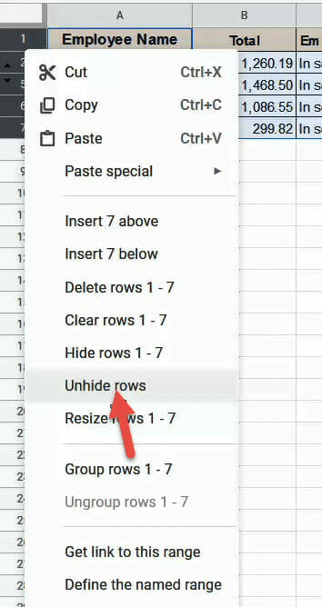Right click and then click on Unhide Rows