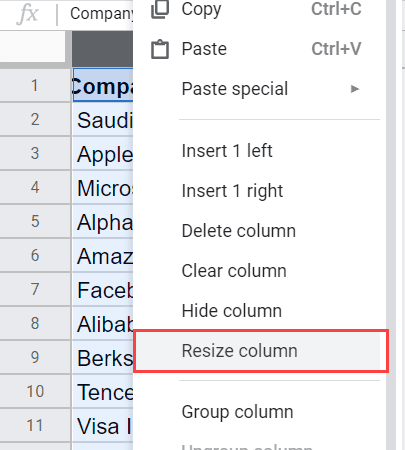 Right click on column header and then click on resize columns