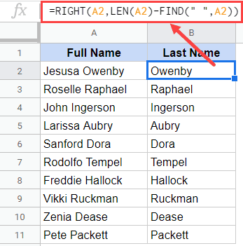 RIGHT formula to extract the Last name