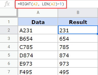 RIGHT formula to remove the first string in Google Sheets