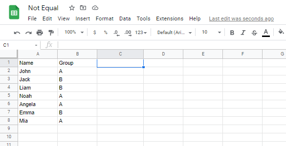 Google Sheets not equal to-Sample data