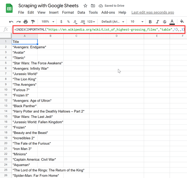 Scraped only movie titles using Google Sheets formula