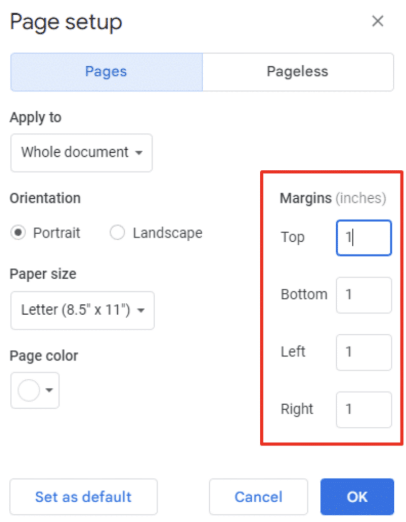 changing all page margins to 1 in google docs