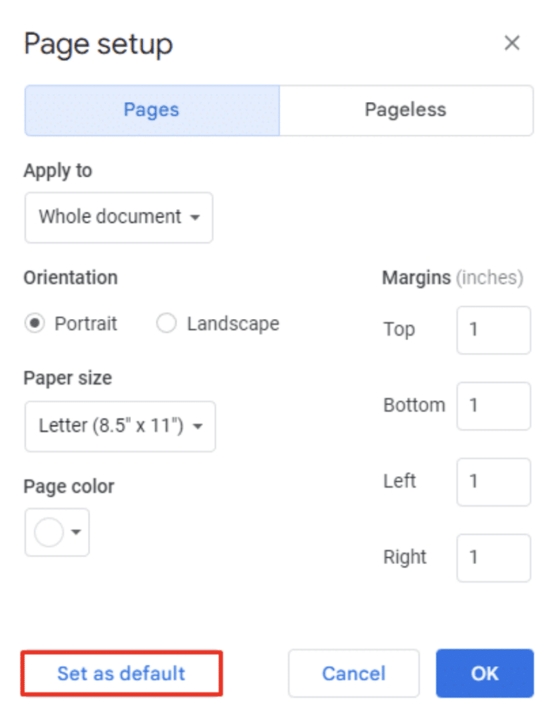 how to set default margins in google docs