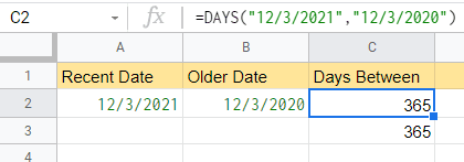 DAYS formula example—Cell C2