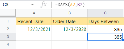 DAYS formula example—Cell C3