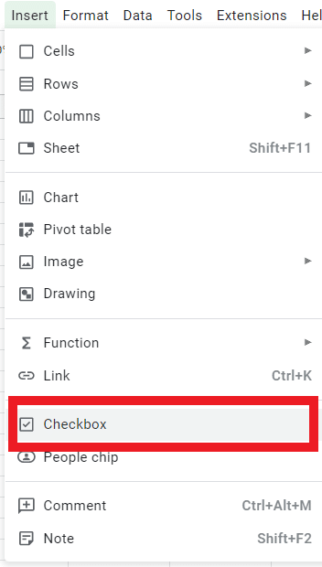 Using a checkbox with the Insert menu