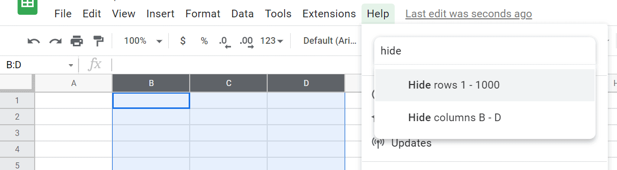 A screenshot showing how to hide columns in google sheets using the help menu