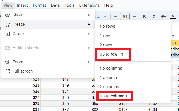 Freeze multiple rows or columns