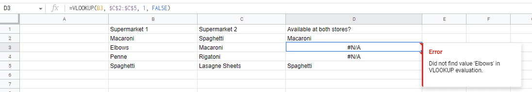 Using VLOOKUP to compare columns in Google Sheets