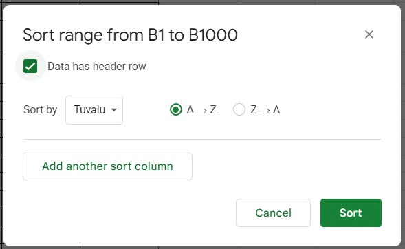 Screenshot for Advanced range sorting options. A dialogue box will appear.