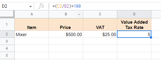 Screenshot for calculating percent in google sheets directly using *100