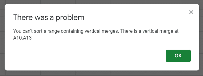 Screenshot for can't sort merged cells error
