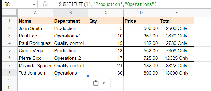 Screenshot for example sheet using substitute function